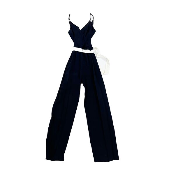 Vintage Black Belted Plunge Wide Leg Jumpsuit